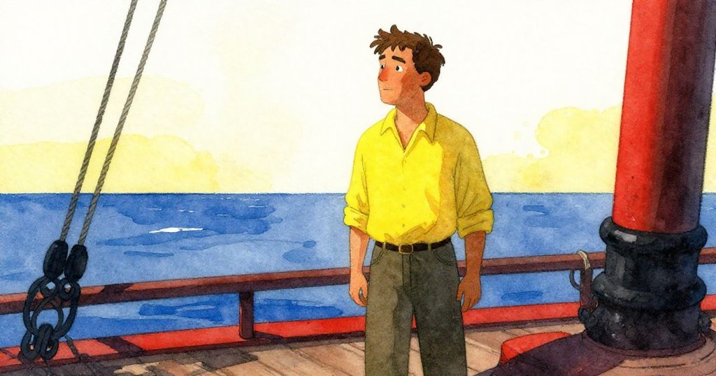 卡爾靜立於甲板上，感受微風拂過繩索與漣漪般的潮水，空缺鐘位象徵著接受變化的溫柔心境。