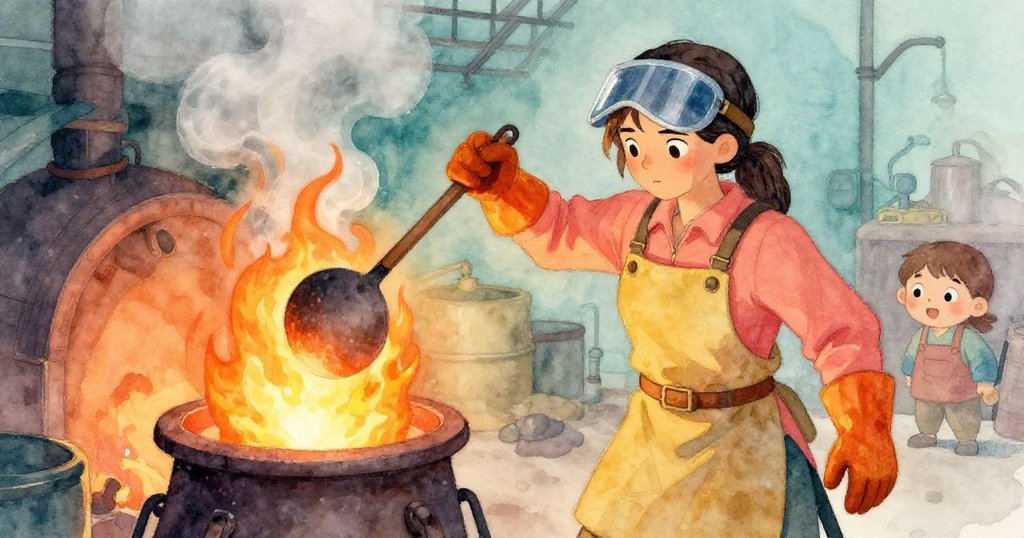 塔拉站在熾熱的鑄造工廠中,專注低下湯勺進入發光的爐膛,濃厚蒸氣與橙色光芒交織,展現工廠動感與熱情。