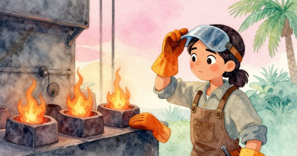 塔拉在金屬牆邊仔細檢視冷卻錠塊,輕輕擦拭護目鏡,背景留有大片空白,展現出工業環境中孤獨與堅持。