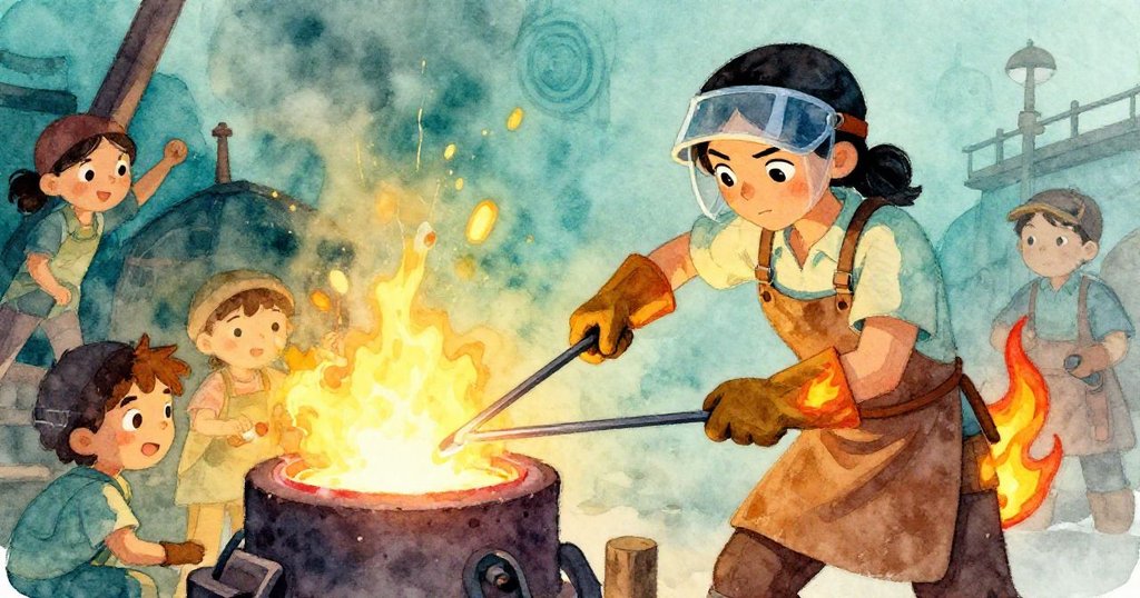 從低角度看見塔拉使用夾子操作熔融金屬,臉上流露出堅毅專注,熾熱爐膛發出明亮光芒,彰顯工廠力量。