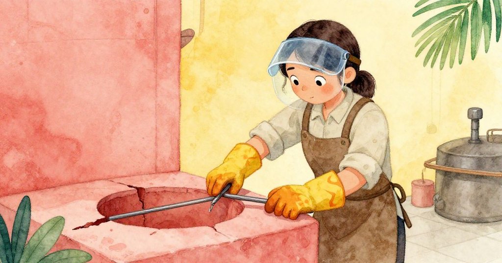 塔拉在工廠轉角中從工具箱選擇鋼棒,專注按入模具裂縫,柔和珊瑚粉光影中展現出過渡空間的細膩時刻。