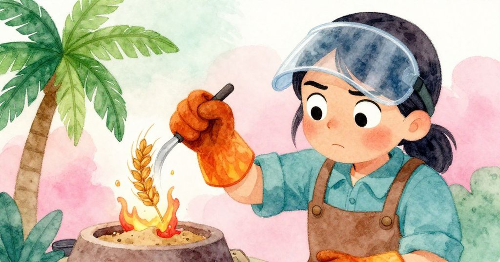 塔拉驚訝凝視,模具上飛濺水滴凝固成麥穗狀紋飾,湯勺細節生動呈現錯中求精的瞬間。