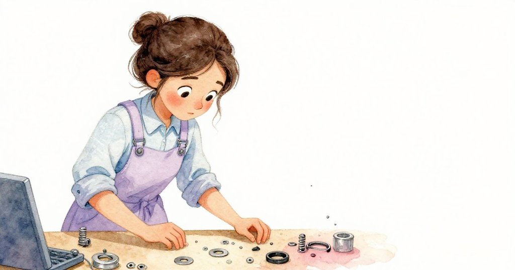 Cora低頭在工作台上細心翻動零件，尋找缺失的密封圈，工作台空白處突顯懷疑與專注