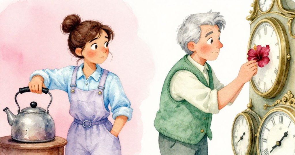 Grey輕放手在破損壺具上，與Cora在古董鐘面間發現深紅芙蓉花瓣，兩人分屏彼此互動，表情專注