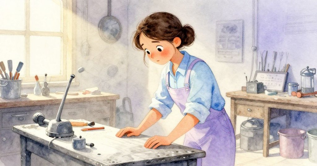 Cora在光影變化中細心感觸密封溝痕，從晨光至午後漸入冷色調，她神情專注，工作桌上呈現歲月流轉的感覺