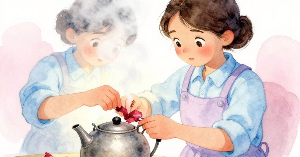 Cora穩定地將脆弱花瓣嵌入破損壺邊，蒸汽微起，呈現出因果連鎖之瞬間，神情專注且充滿希望