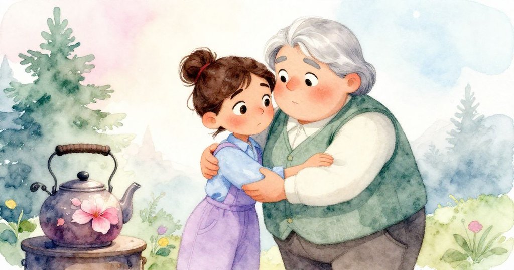 Cora與Grey在午後柔光中相擁，欣慰地凝視修好之壺具，店內暖色光影融合努力與希望，氣氛寧靜