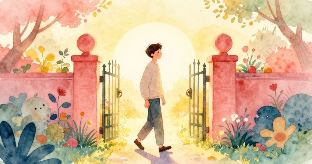 Reed 穿過花園大門，剪影映襯於晨光中，動作輕盈，背景呈現寧靜溫暖的庭院。