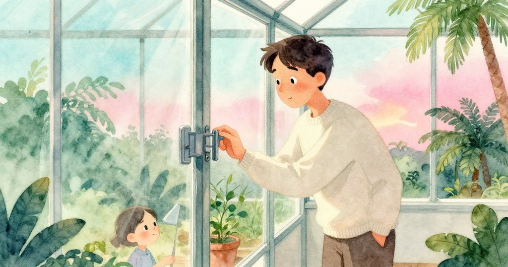 Reed 在溫室內細察冰涼金屬門把，臉上流露好奇與溫暖，背景中展現細膩的植物與玻璃效果。