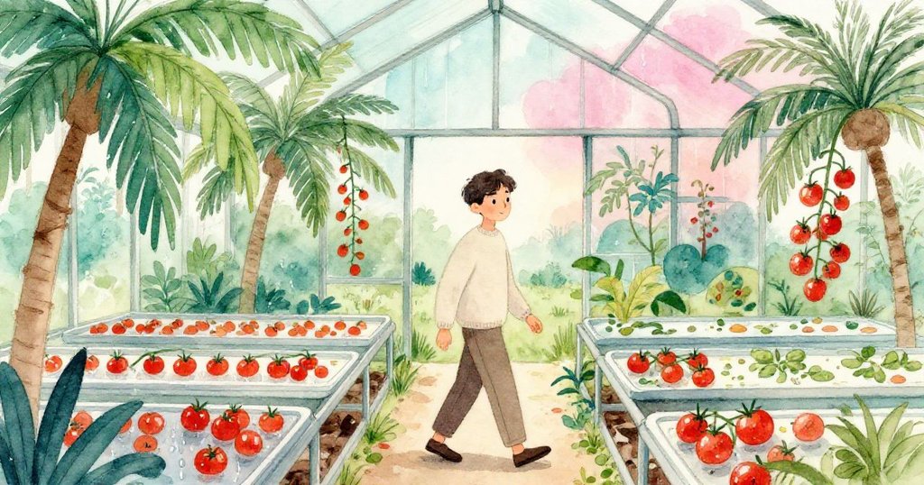 Reed 沿著中間通道緩步觀察溫室內冷凝水珠與下垂的櫻桃番茄，展示季節轉變的濕潤與泥土氣息。