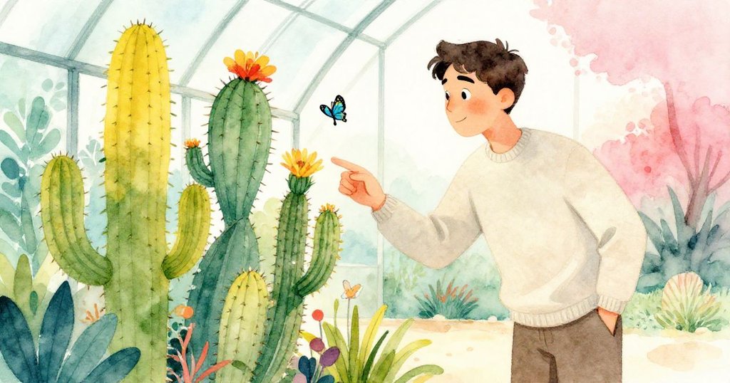 Reed 驚喜地凝視著首次種植的仙人掌上綻放的淺花，周圍蝴蝶飛舞，場景洋溢著自然復甦與慶祝的情感。