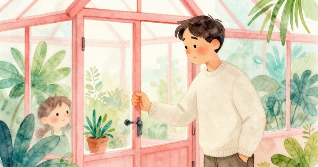 Reed 靜靜站在溫室門前，溫暖的金屬門把傳遞出寧靜情感，臉上流露出平和滿足，結束了一個充實的早晨。