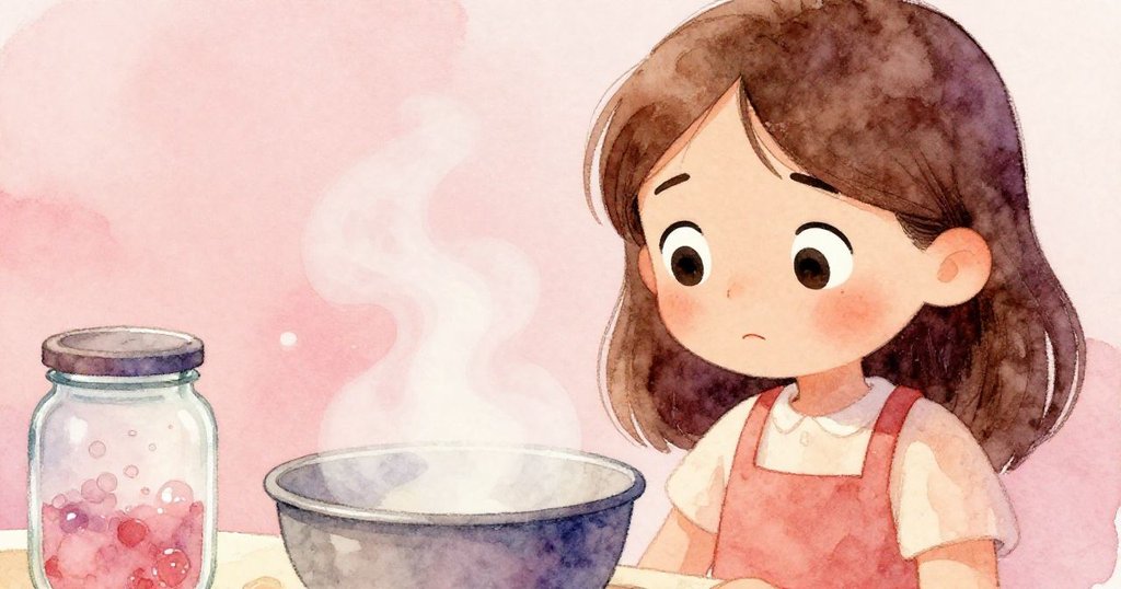 塔拉近距離凝視冒著蒸氣的混合盆與起泡玻璃瓶,眼神中透出疑惑與好奇,細膩情感流露於靜謐廚房。