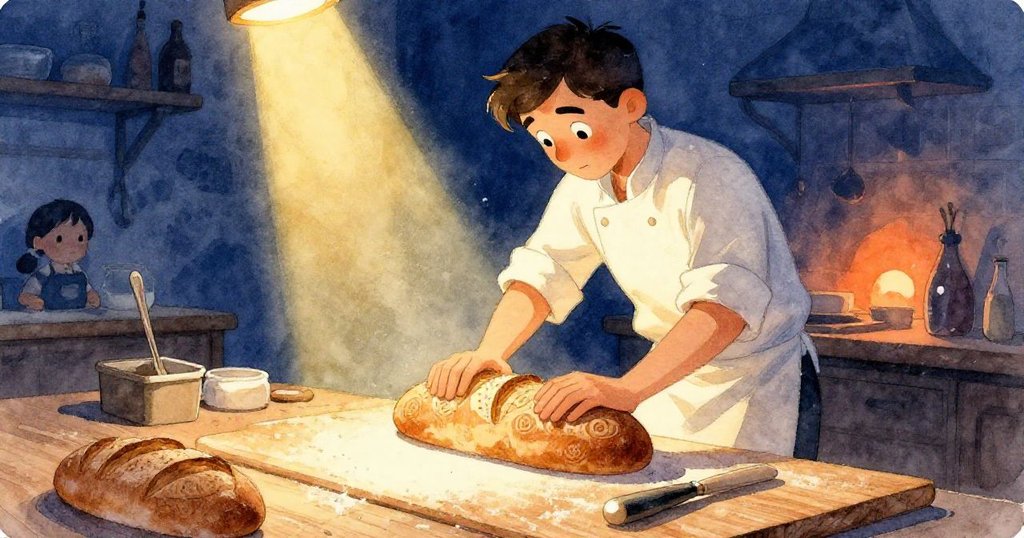 保羅正在低角度下用細刀在麵包上刻花螺旋紋理,神情專注,烘焙現場散發溫暖光澤,展現精緻技藝。