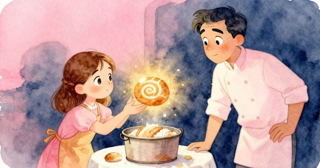 塔拉停下手上舉動,注視刻有螺旋紋理的麵包,保羅側目凝視,氣氛充滿疑惑與微妙緊張。