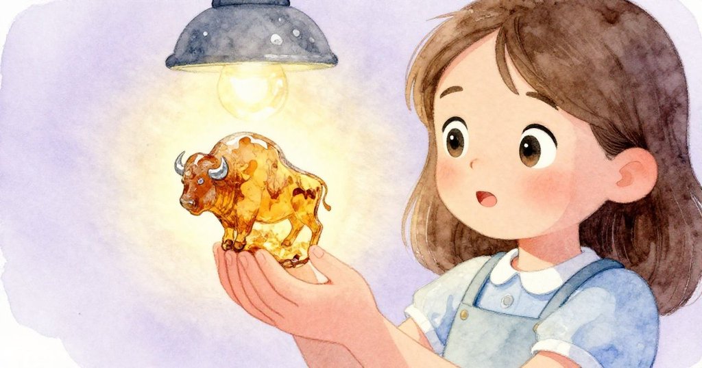 Gwen 仔細觀察手中琥珀,燈光映照出內部似水牛般曲線,場景細膩且充滿神秘