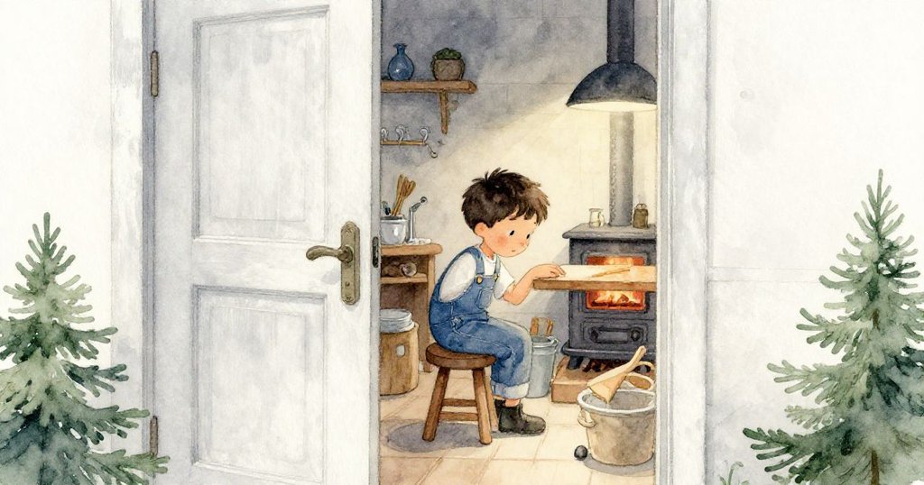 透過半開的門縫看見 Emil 靠著木凳,藍色牛仔衣沾有樹脂,他表現出沉靜專注的支持