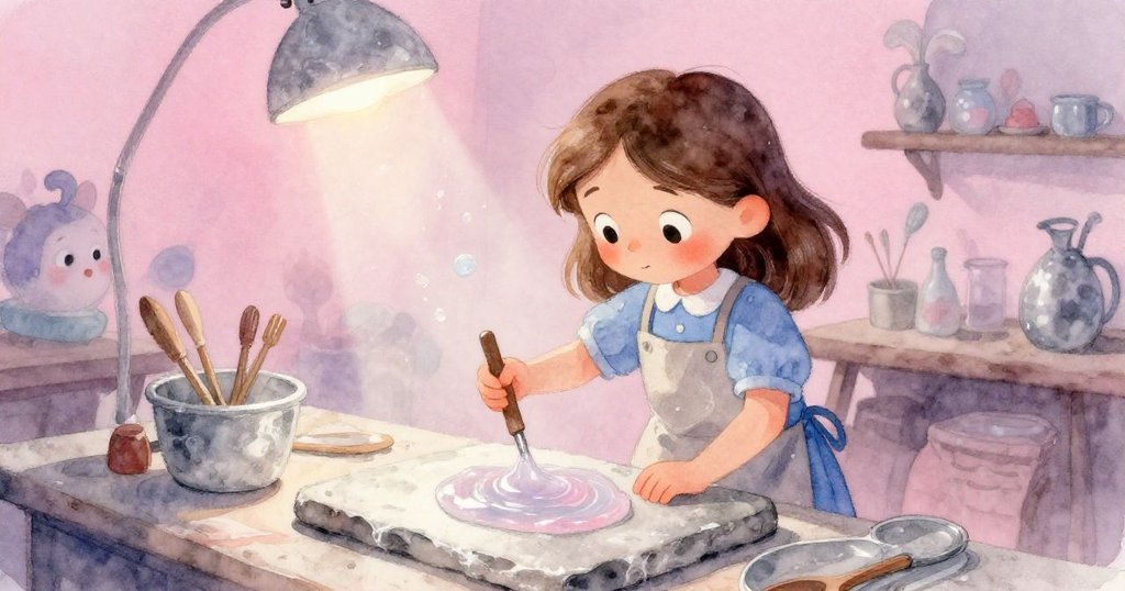 Gwen 專注揉捏石板上顯得半透明的混合膏,燈光柔和映射出夢幻般的質感,情景沉靜且奇異