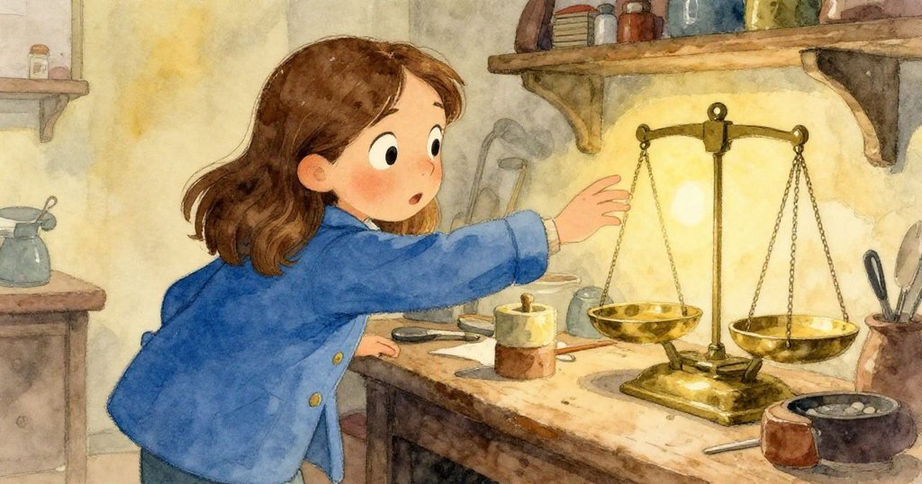 Dawn聚精會神地伸手觸摸暖銅秤，她的眼神充滿驚奇與專注，背景是充滿歷史氣息的工作台。