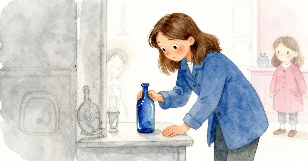 Dawn俯身檢視櫃上缺失的藍色瓶子痕跡，細節充滿神秘感，柔和光影襯托出工作室的溫暖與故事性。