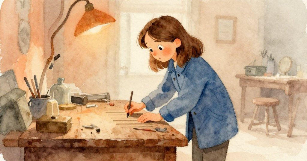 Dawn回憶起過往，在工作台上輕觸歲月痕跡，柔和暖光下充滿懷舊情感，展現工作室的歷史溫度。