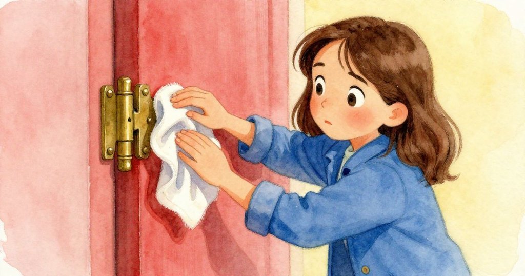 Dawn卷起袖子，用布輕輕擦拭銅鉸鏈上的污痕，專注神情中流露出對失落氣味的追尋，暖光映襯細節豐富。