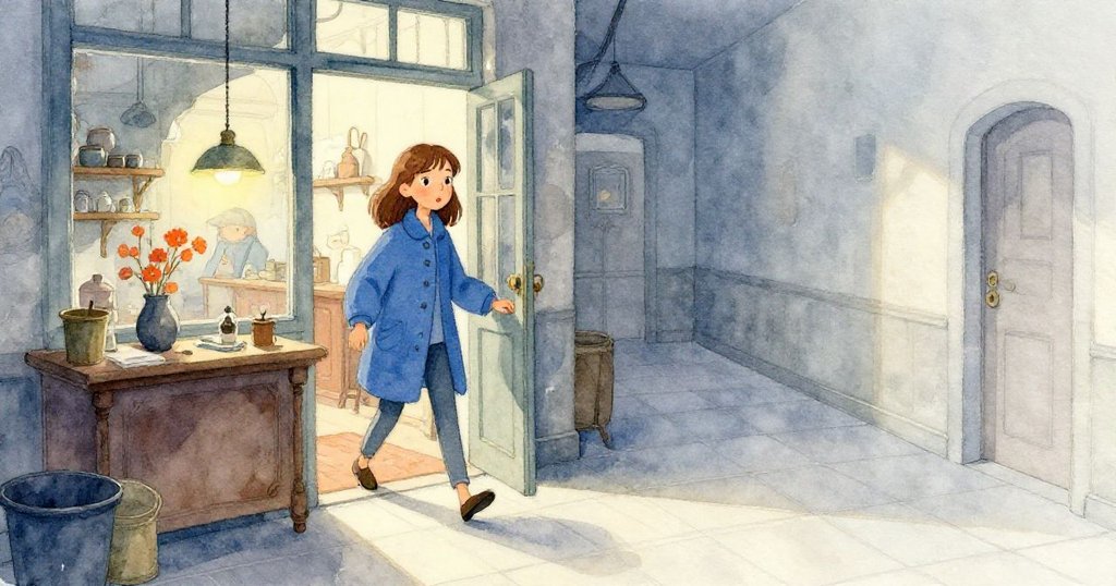 Dawn拿著外套，走出充滿舊時氣息的工作室，踏入清涼走廊，尾聲中帶著安靜與解脫，畫面柔和溫暖。