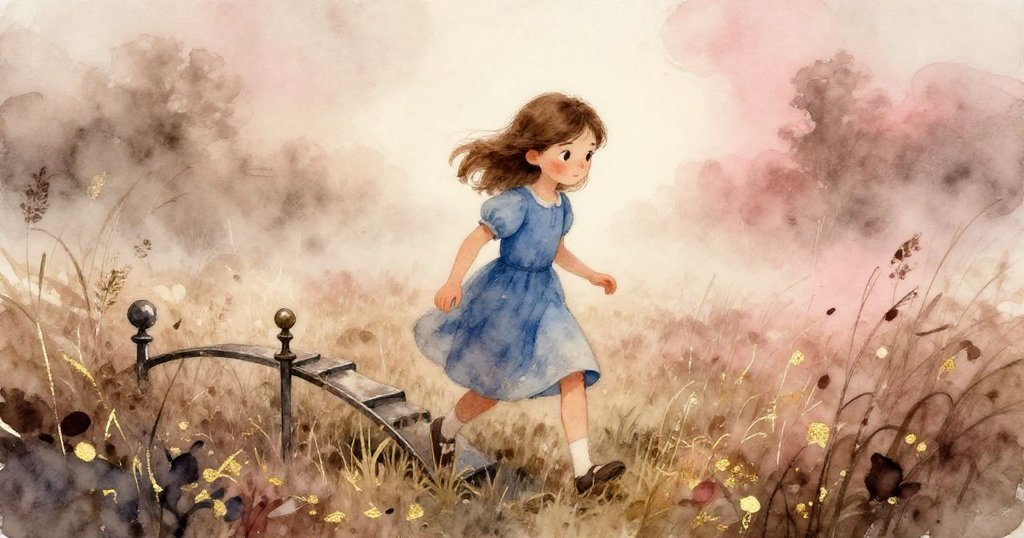 Faye 穿過生鏽彎曲的門框走進迷霧彌漫的草地，天色淡金，心情既好奇又謹慎。