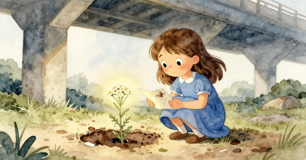 Faye蹲在迷霧中的低角度視角，專注觀看中間微光的燈心花，動作細膩充滿探索之情。