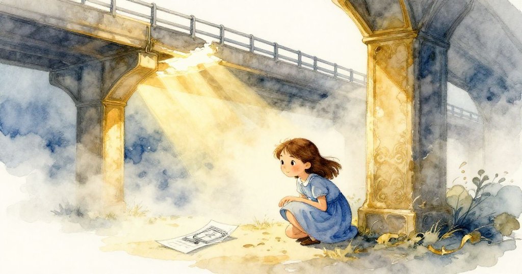 Faye在落日微光下蹲於缺失欄杆旁，薄霧隨時間變化，桌上閃爍著黃光，她神情專注又謹慎。