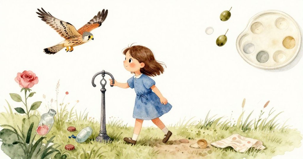 Faye沿著被風吹平的草地行走，手碰觸冰涼金屬門框，背景散落著瓶蓋和布片，神情專注。