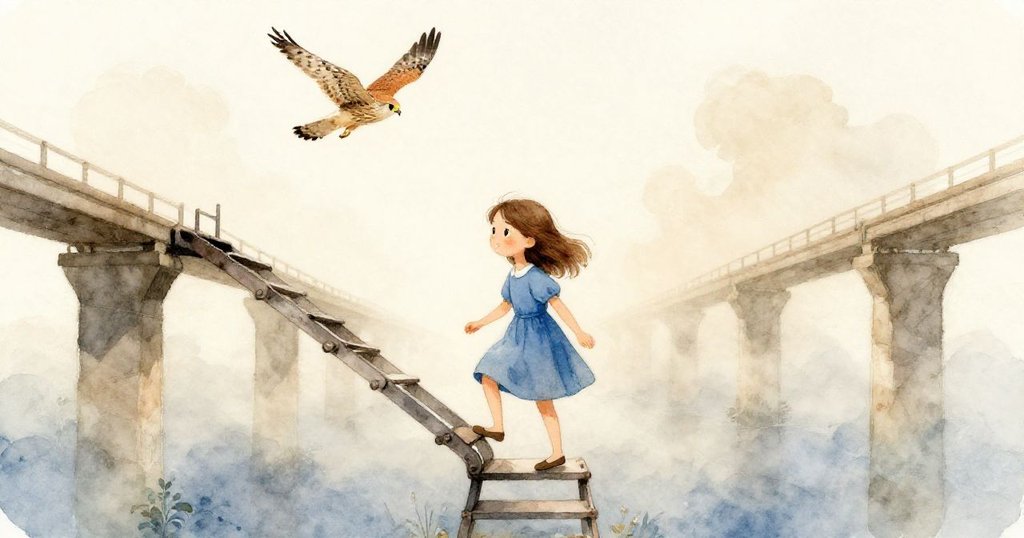 Faye重新穿過門框走出迷霧，遠處欄杆隱去，頭頂隻鷹盤旋，她臉帶思索與平靜。