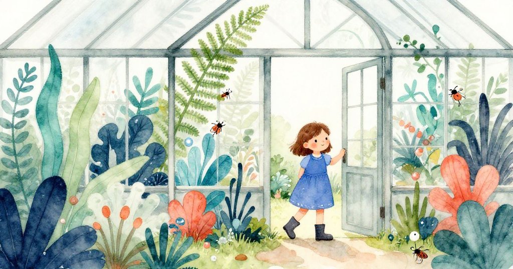 Fern 推開溫室門，眼前綠藤搖曳，花叢中飛舞著小昆蟲，她神情好奇且欣喜，陽光明媚生機盎然。