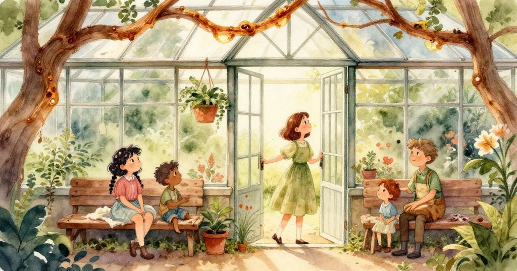 Fern 穿著藍色衣裙，靴子踩在濕潤黏土上，足跡隨陽光中閃爍粉塵，動感自然。