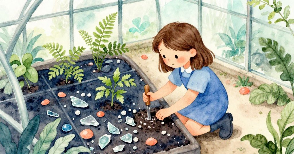 從上方俯視溫室內，Fern 跪在種苗旁檢查散落的玻璃碎片與鋼鑿，環境細節豐富，透露神秘氣息。