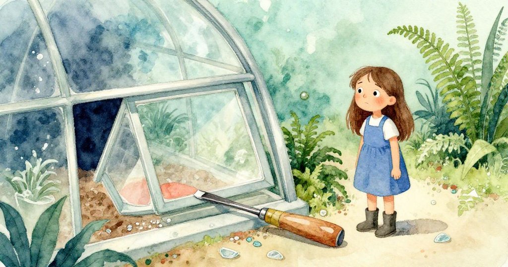 Fern 在隱蔽角落發現張開的西側通風口，近景呈現鋼鑿與碎玻璃，她神情疑惑，細節充滿故事感。