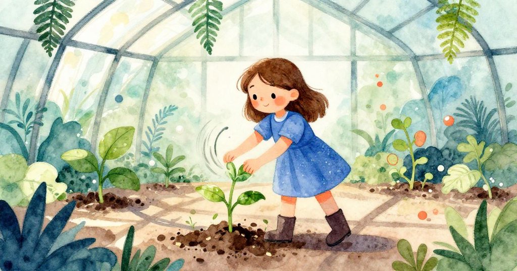 Fern 奔忙整理胡椒苗，動態軌跡展現其迅速而細心的動作，光影交錯中生機勃勃。