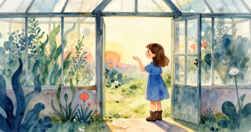 夕陽下，Fern 靜立於溫室門旁，手輕觸門把，露珠閃爍，雲彩漂浮，意境寧靜溫暖。