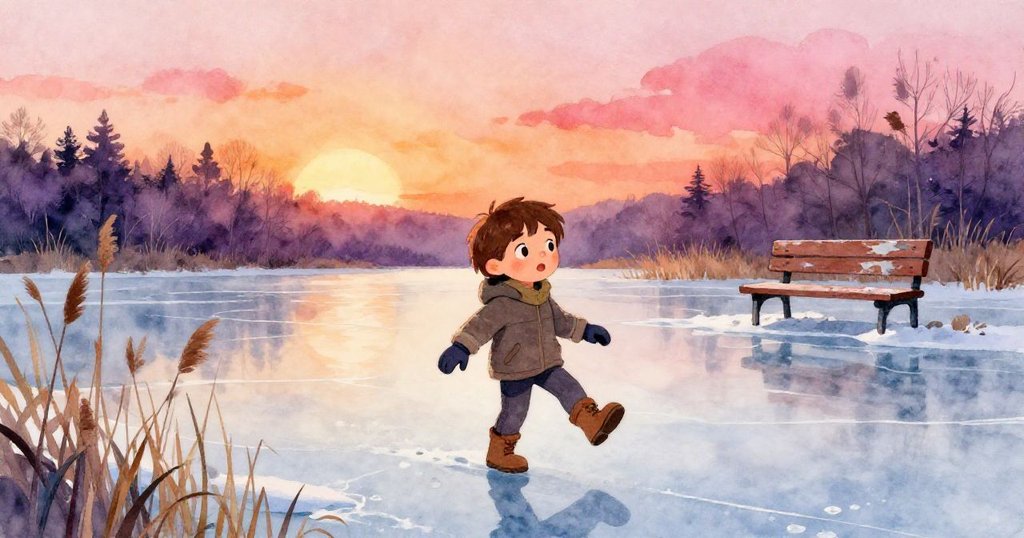 奎因從岸邊蘆葦中走出，踏上冰凍湖面，寒風吹拂，他神情平靜又充滿期待，背景有遠處老舊長椅。