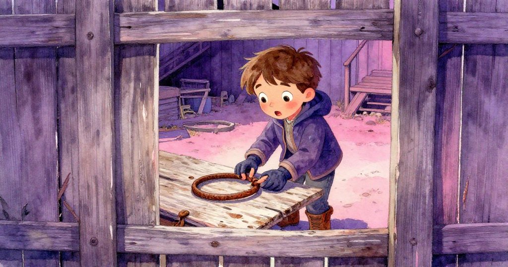 奎因透過扭曲的雪松籬笆偷偷觀察，凝神注視生鏽鐵環，充滿懷舊與好奇心。