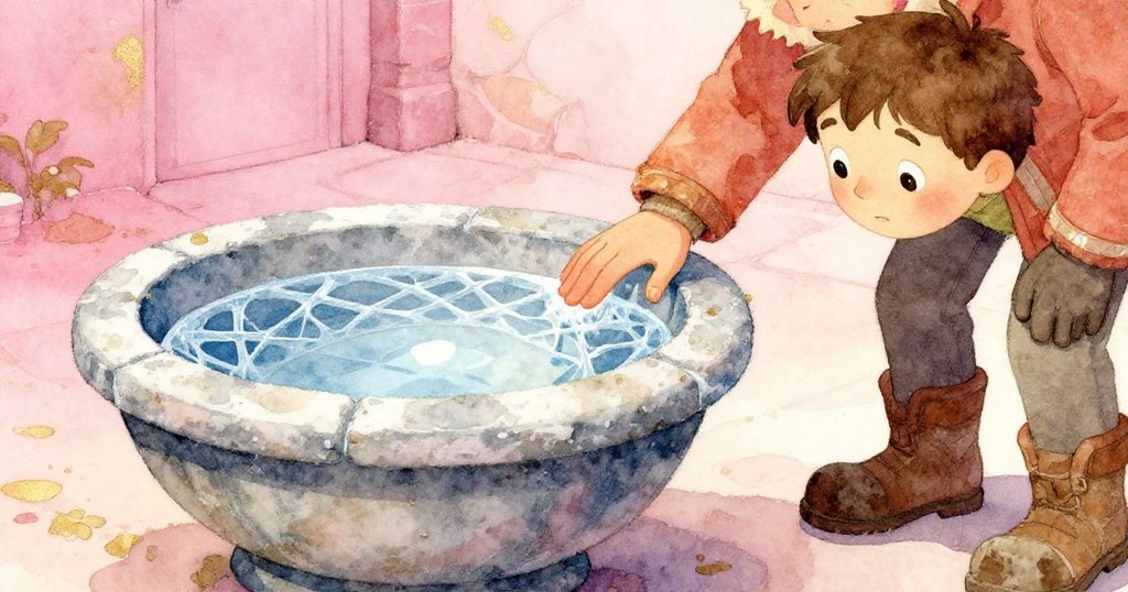 奎因在庭院中輕撫石盆冰花，細看冰網與磨損邊緣，神情溫柔沉思著往昔記憶。