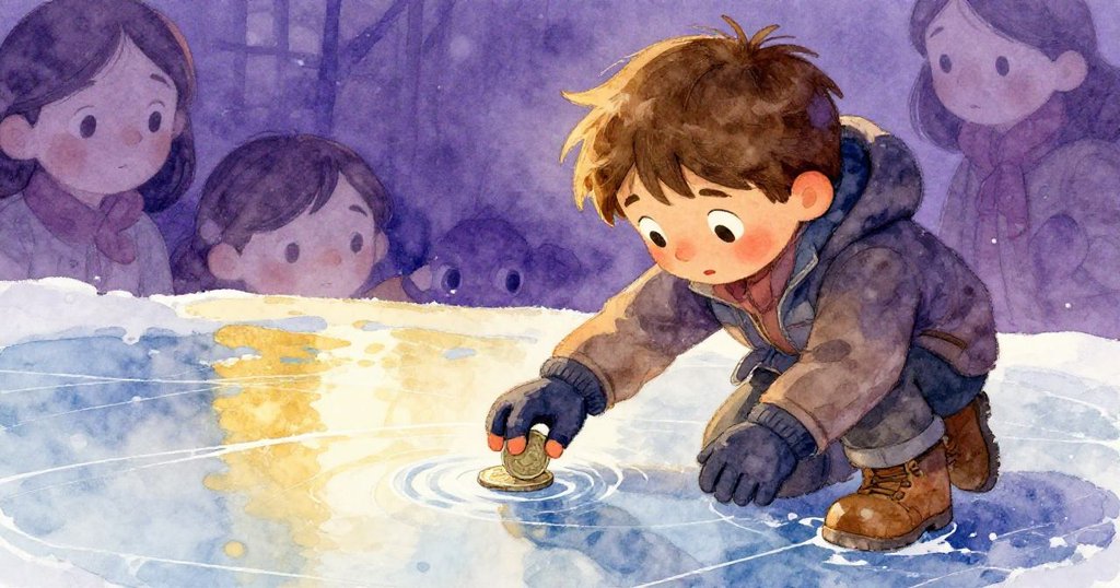 奎因低頭專注將銅幣壓在光滑冰面上，觸碰出新痕跡，神情堅定散發靜謐魔法感。