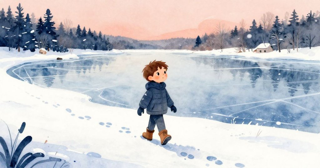 奎因轉身離開冰湖，寒風吹散最後足跡，唯留溫柔眼神與告別情緒在冬日背景中。