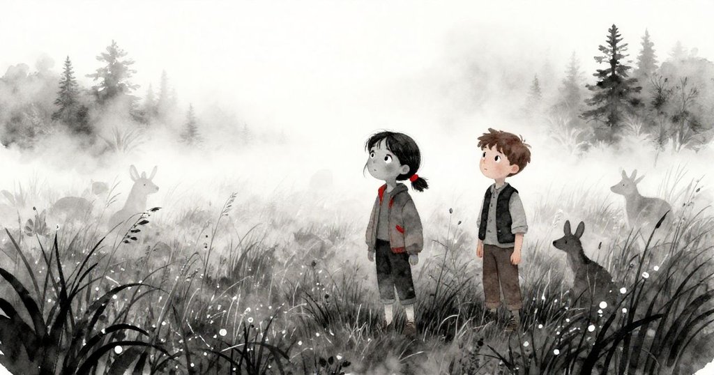 在迷霧繚繞的草原上，Zara與Felix邊走邊探索，小動物伴隨，兩人神情專注，充滿期待。