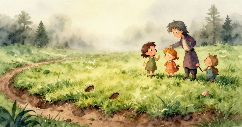 Felix蹲下仔細檢查濕潤草地上的奇異印痕，手指輕拂細微殘留沉積，神情充滿好奇與謹慎。