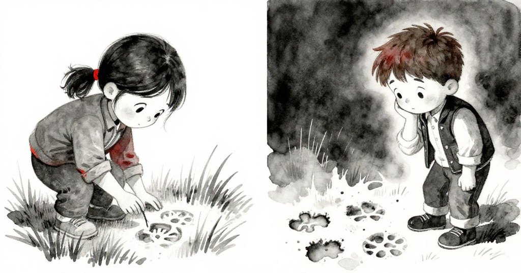 Zara與Felix分別觀察草地上成對銳利印痕，眼神充滿疑惑與好奇，場景細節分明，呈現雙面探索。