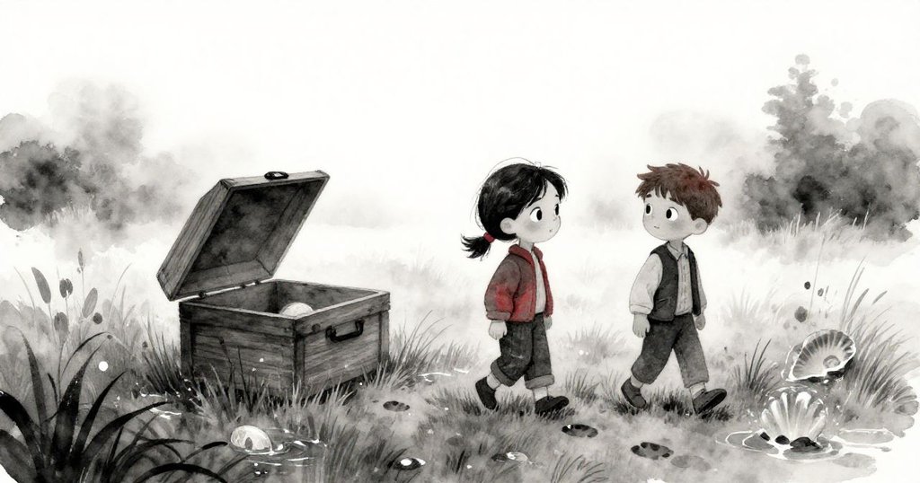 在濃霧再次籠罩的草原上，Zara與Felix提著露出的木箱離去，足跡與閃亮外殼訴說探索後依依惜別。