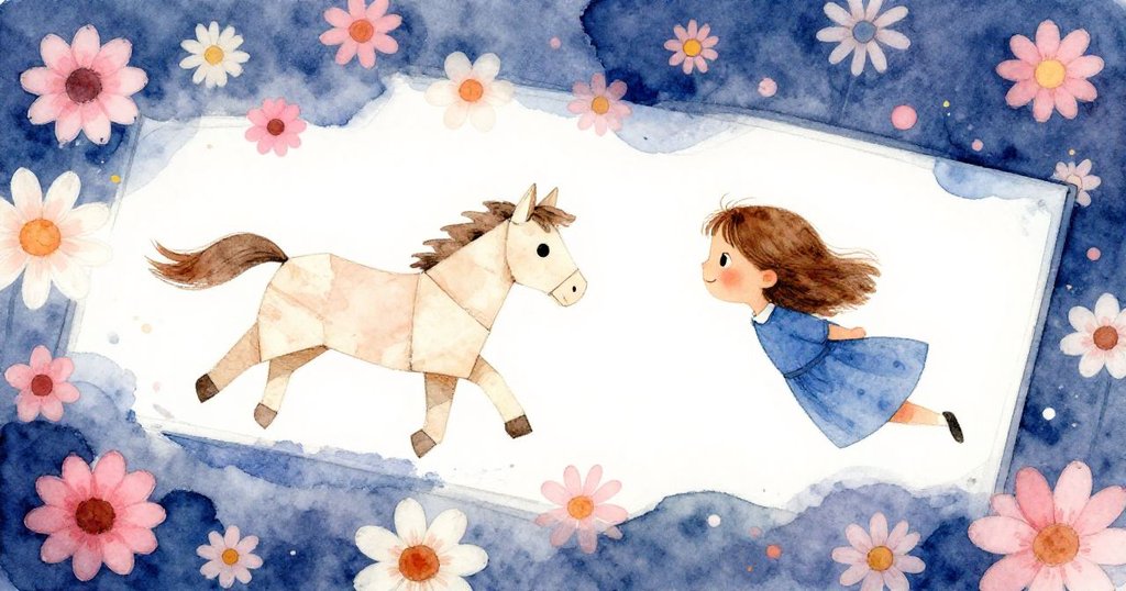 費伊注目於紙做的馬匹在歪斜角度的幕前穿越,與低繪雛菊背景融合,充滿奇幻與動感