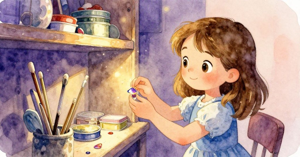 費伊在幕後尋找道具,俯身拾起閃爍彩膠碎片,眸中流露出堅定與懷舊,周遭環境充滿陳舊氣息