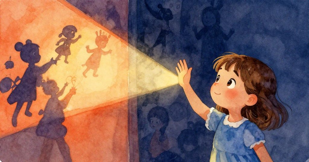 費伊在台上將空手舉向燈光,影子逐漸展開與木偶輪廓融合,展現隱含的離別與情感連結